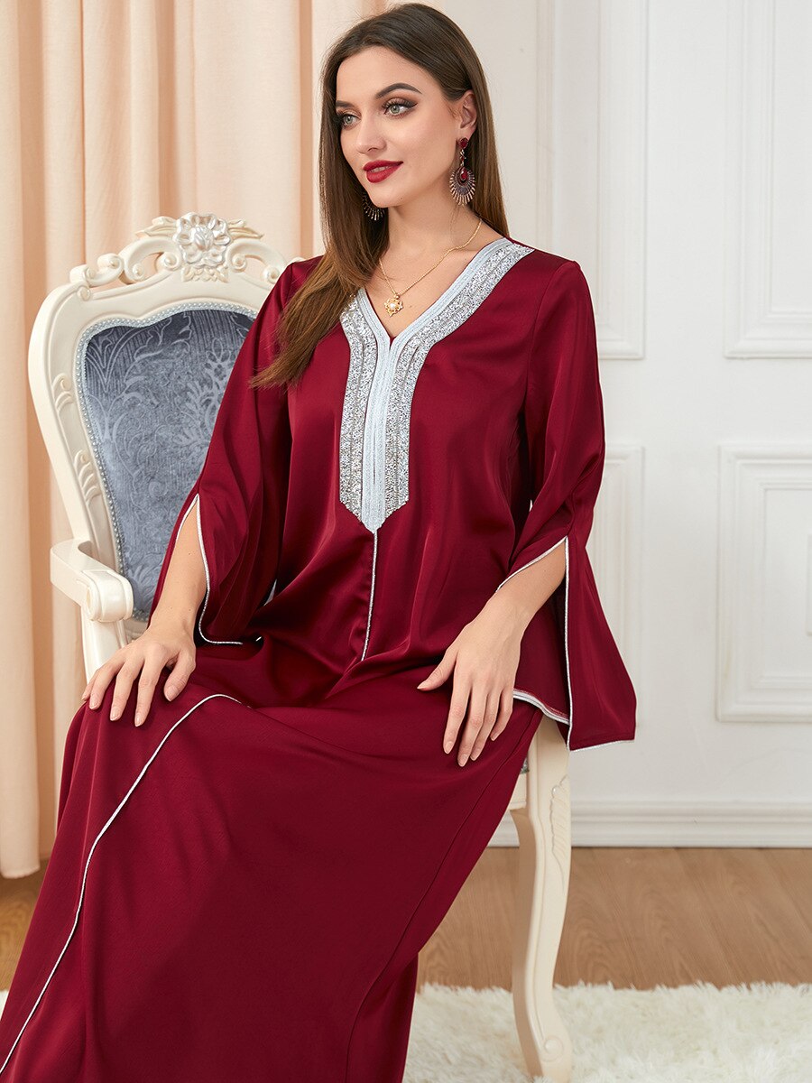 Morocco Party Dress Muslim Women Abaya Prayer Caftan V Neck Diamond Maxi Dresses Robe India Abayas Dubai Longue Vestidos Largos