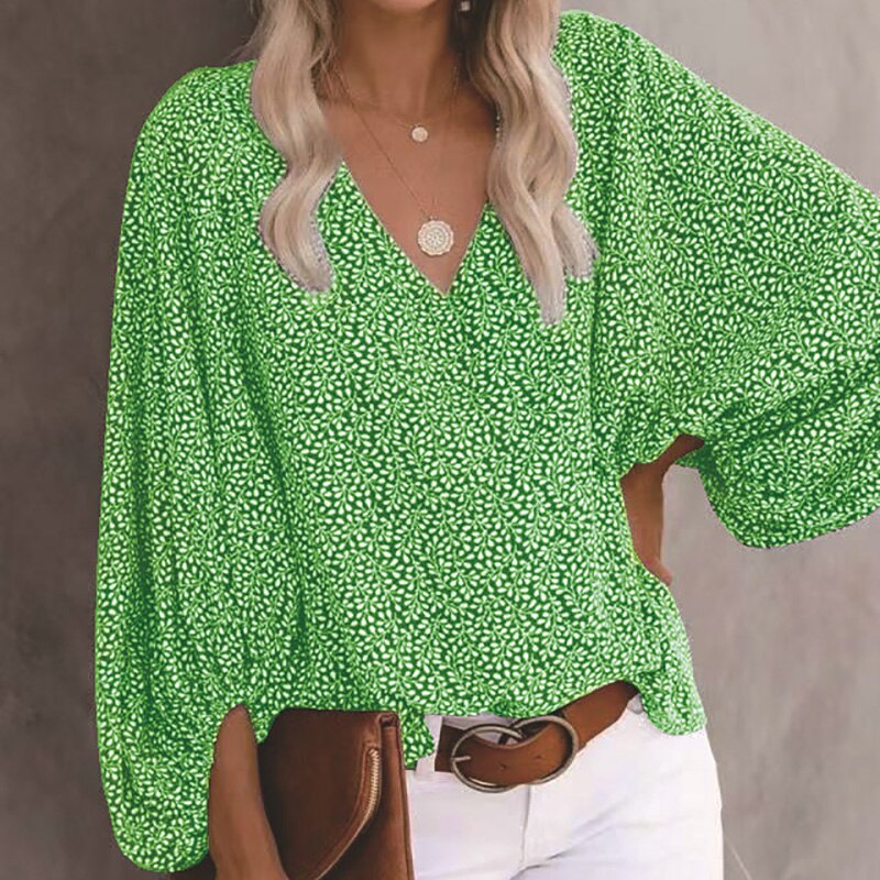 sixsr Summer Outfits Female Streetwear Oversized XXXL Tops Blusa Summer V Neck Long Lantern Sleeve Blouse Casual Women Printing Loose Elegant Shirts