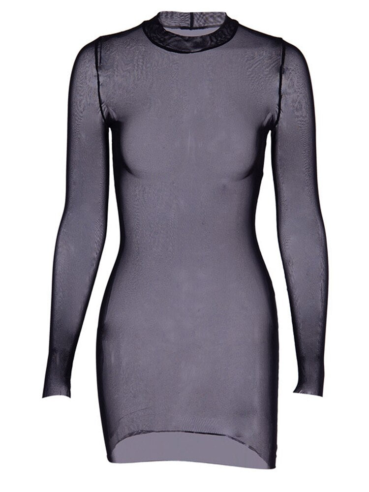 sixsr Summer Outfits Fashion Trends Sexy Women Dress Mesh See-through Long Sleeves Dress Slim Tight Backless Dress Party Clubwear Female Mini Dresses Black