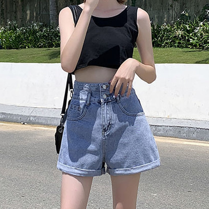 Black Denim Double-breasted Shorts Women Summer Hot Girls College All-match Solid Younger Ins Prevalent High Waist Casual Mujer