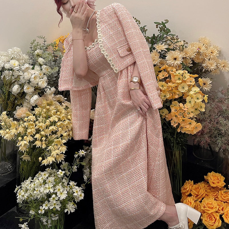 Pink Plaid Tweed Jacket + Strapped Dress Women Vintage Winter Elegant Party Woolen 2 Piece Sets Ladies Autumn Dress Sets
