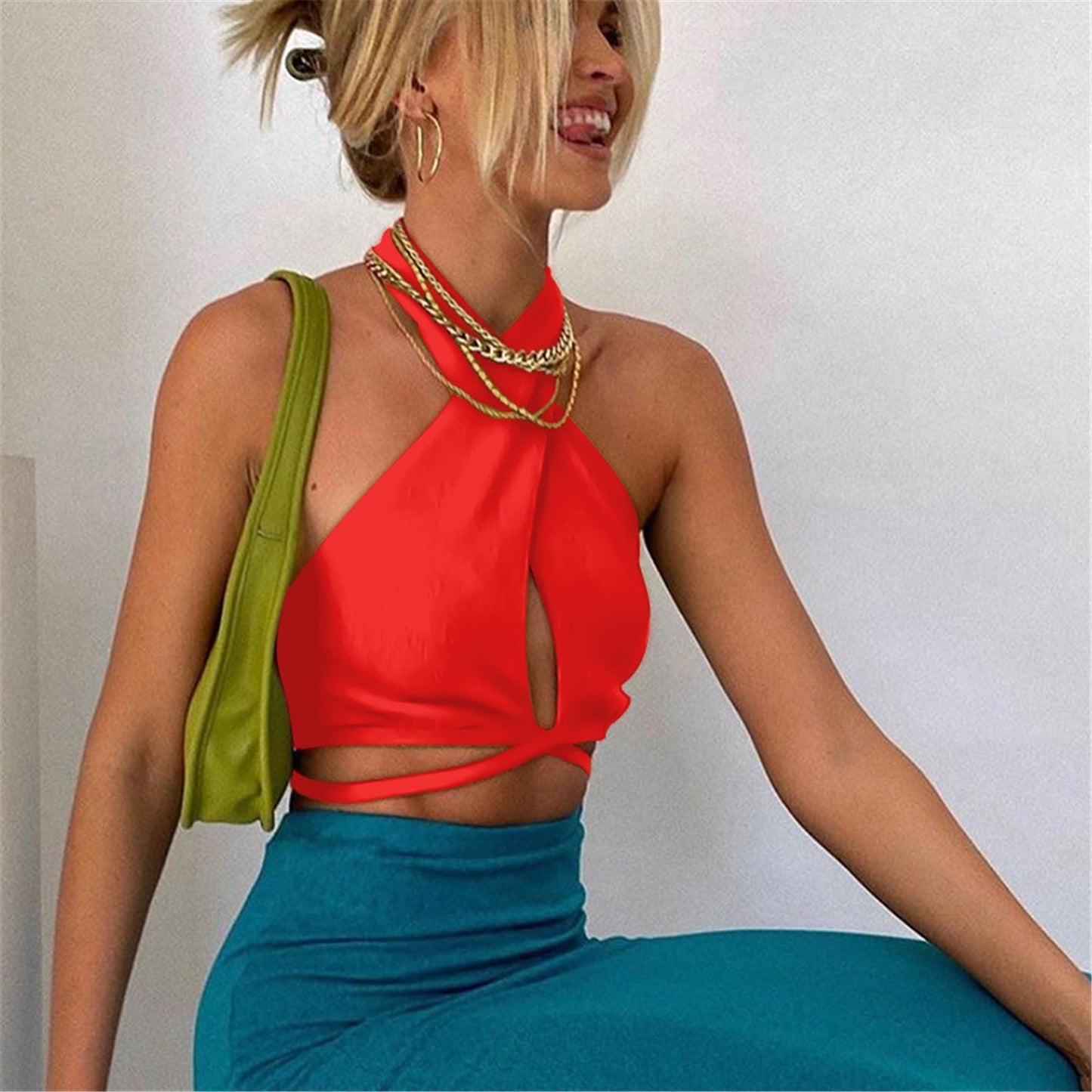 Women Summer Tank Tops Sexy Solid Color Cross Halter Neck Hollow Out Camisole Tie Backless Bandage Cropped Bustier Vest
