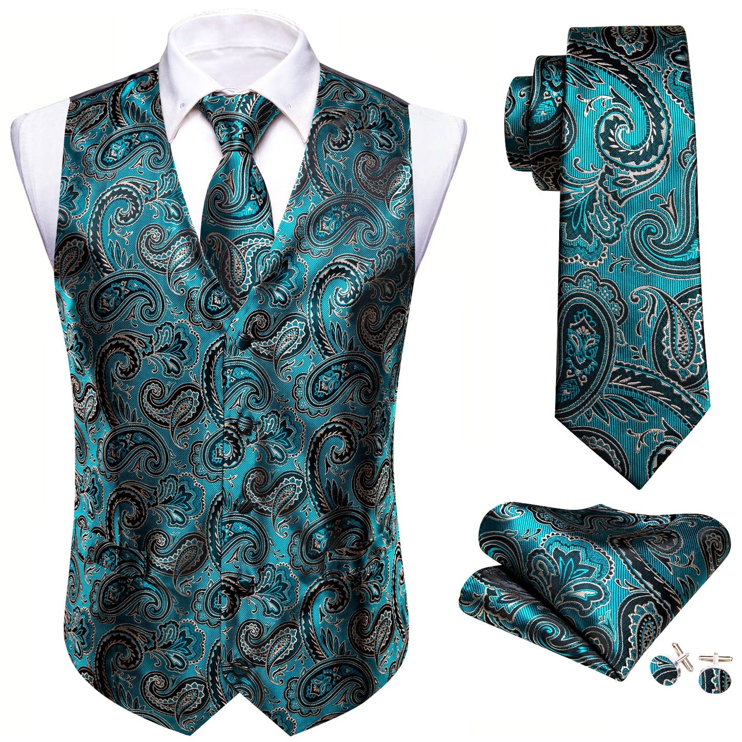 Sixsr 4PC Mens Extra Silk Vest Party Wedding Gold Paisley Solid Floral Waistcoat Vest Pocket Square Tie Suit Set Barry.Wang BM-2017