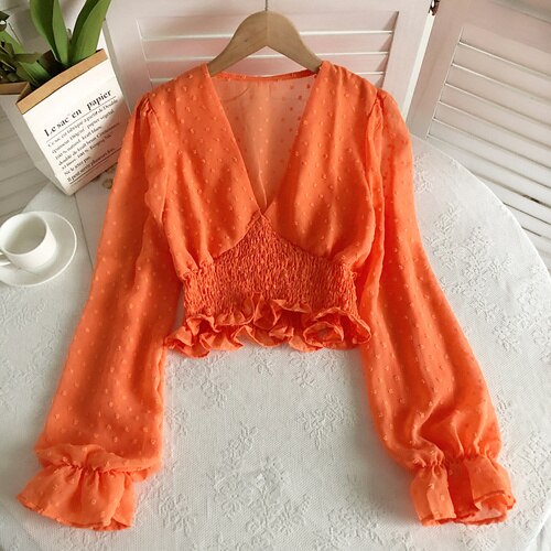 Sixsr Women Fashion Spring Women Sweet Spot Blouse Ladies Fashion Chiffon Pullover Shirt V-neck Slim Long Puff Sleeve Folds Tunic Short Top