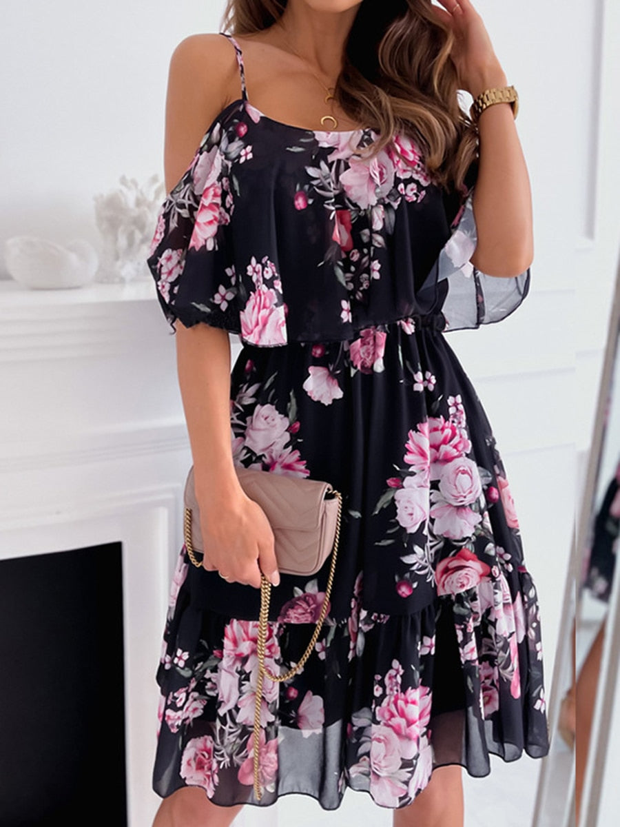 Sixsr New Fashion Sexy Spaghetti Strap Woman Dress Summer Floral Print Off Shoulder Sundress Elegant Chiffon A-Line Beach Boho Dresses Vestidos