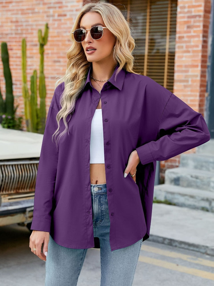 Women's Cotton Shirt Blouse Women Elegant Spring Candy Colors Basic Top Turn-down Collar Long Sleeve Solid Button Blouses