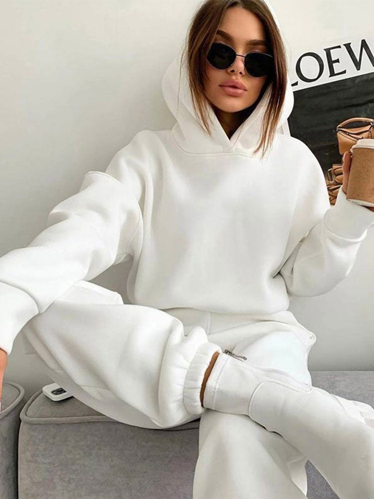 Fashion Casual Fleece Tracksuits Women Solid Warm 2 Piece Set Loose Hoodies And Sweatpants Suit Autumn Winter Sportswear Outfits