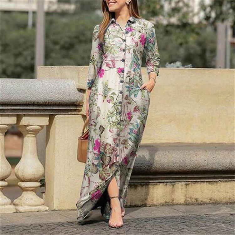 sixsr Fall Outfits Autumn Vintage Floral Printed Cotton Dress Women Casual Lapel Collar Button Up Dresses Bohemian Vestidos Long Robe