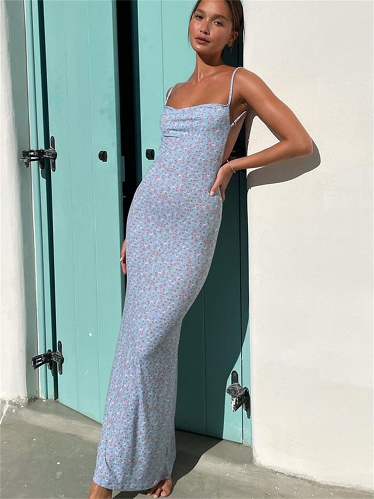 Sixsr Summer Bodycon Spaghetti Strap Elegant Woman Maxi Dress Vintage Print Party Sexy Women's Dresses