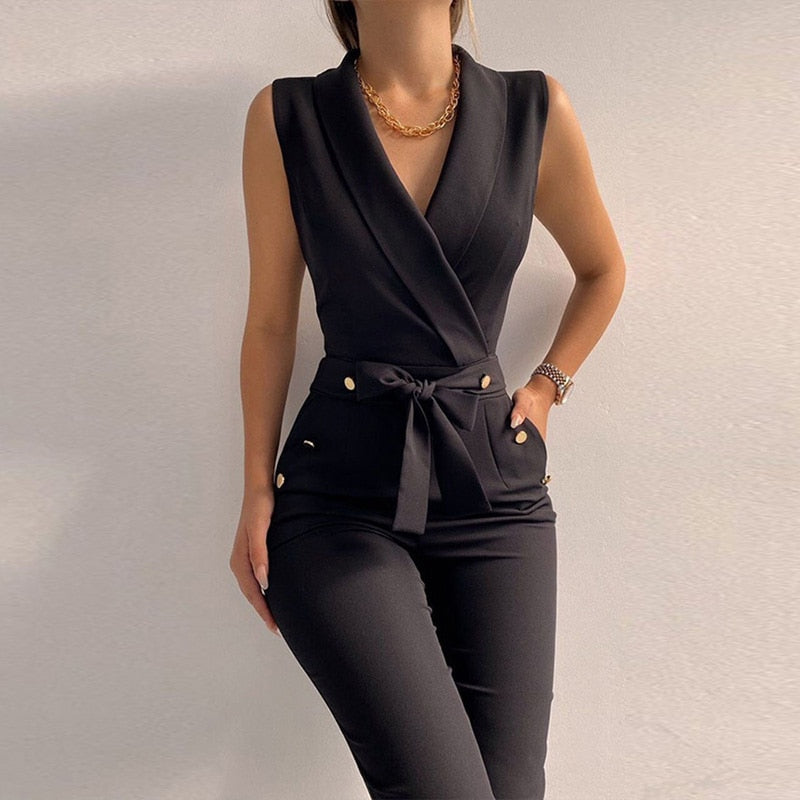 New Solid Casual Women Summer Jumpsuits V-Neck Lace-Up Sleeveless Wide Leg Pants Button Ladies Bodysuits Streetwear
