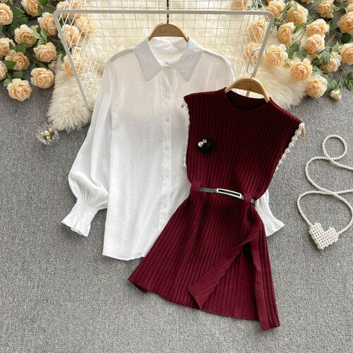 Sixsr Spring Outfits Women Sleeve White Shirt Fashion Two Piece Suit Red Cotton Sweater Vest Lady Casual Preppy Style White Belt