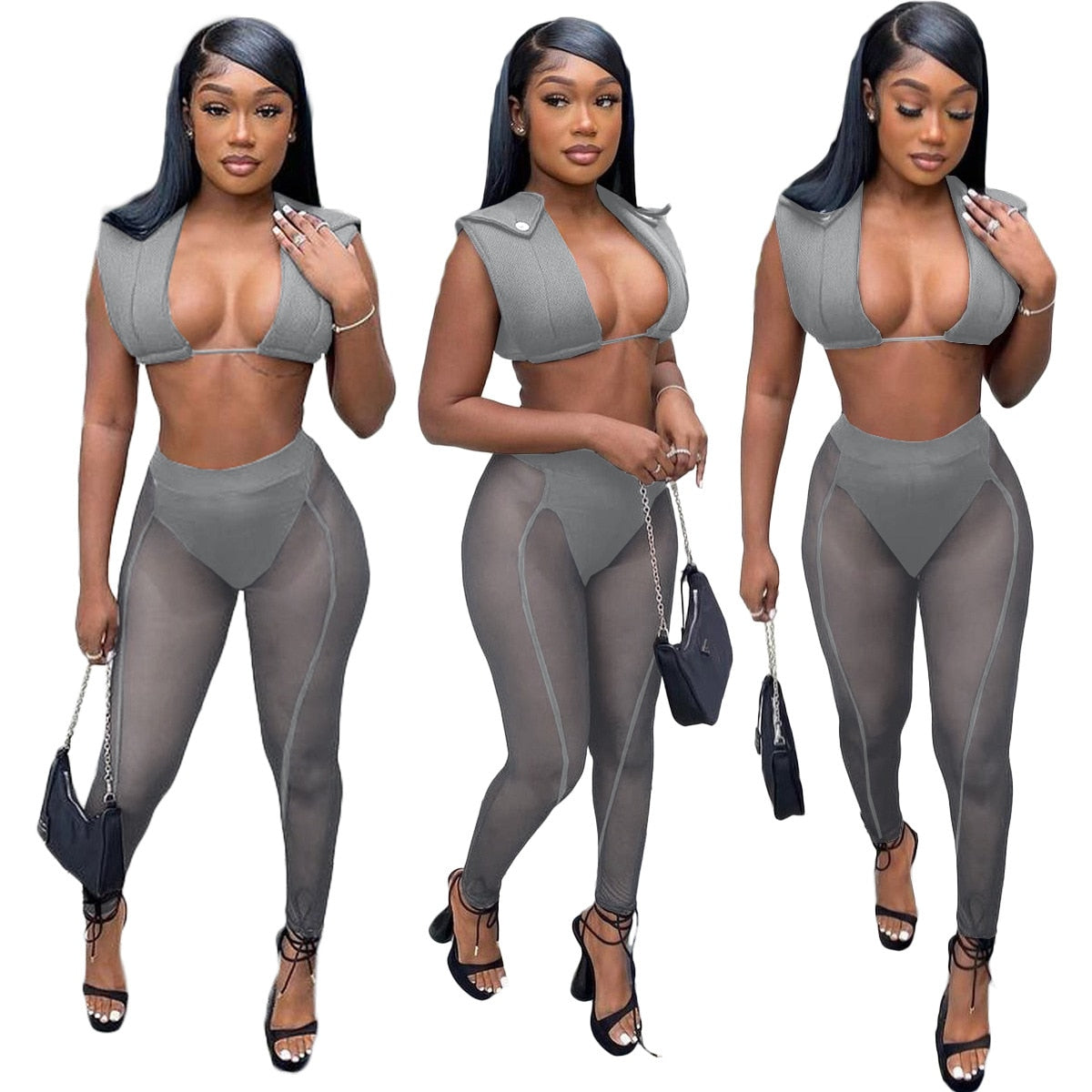 sixsr Womens Fashion 3 Pieces Set Bandage Lace Up Halter Crop Top Sheer Mesh Pants set Party Night Club Outfits Streetwear See Through Cloth
