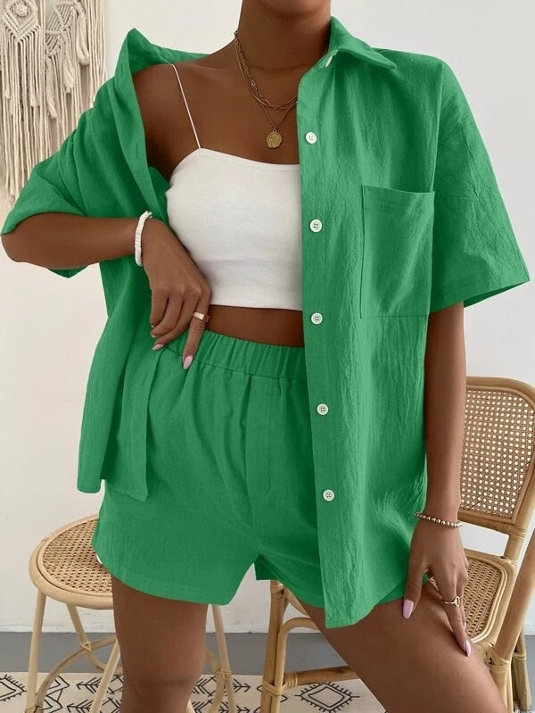 Long Sleeve Single-breasted Top + Broad-legged Shorts Set Fashion Ladies Sexy Solid Suits Summer 2 Piece Outfits For Women