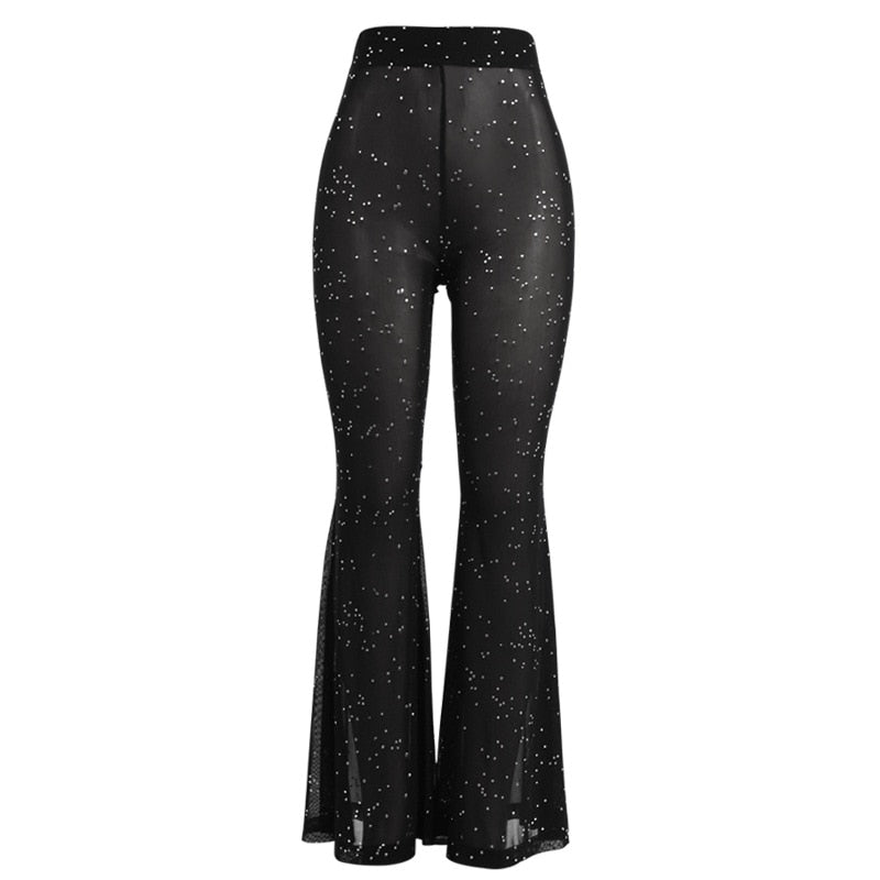 sixsr Hot Sparkly Rhinestone Black Mesh Sexy Flare Pants Streetwear Rave Bottoms See Through Beach Bell Bottom Pants C66-BE16