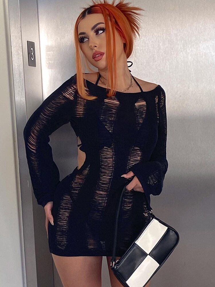 sixsr Fashion Trends Round Collar See Through Dress Women Sexy Long Sleeve Elegant Beachwear Hollow Out Backless Knitted Female Dress Summer