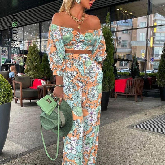 sixsr  Women Fashion Two Piece Sets Print  Suits Summer Beach Streetwear Autumn 2 Piece SetsTops +Elegant Long Pants