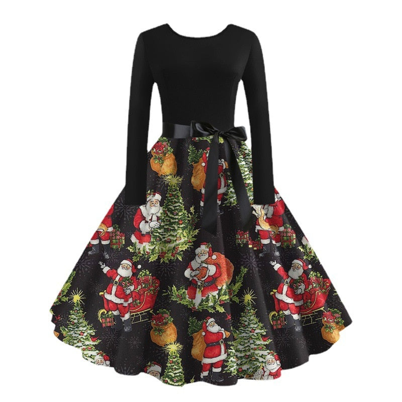Christmas Halloween Costumes Retro Positioning Print Party Casual Long Sleeve Round Neck Swing Dress