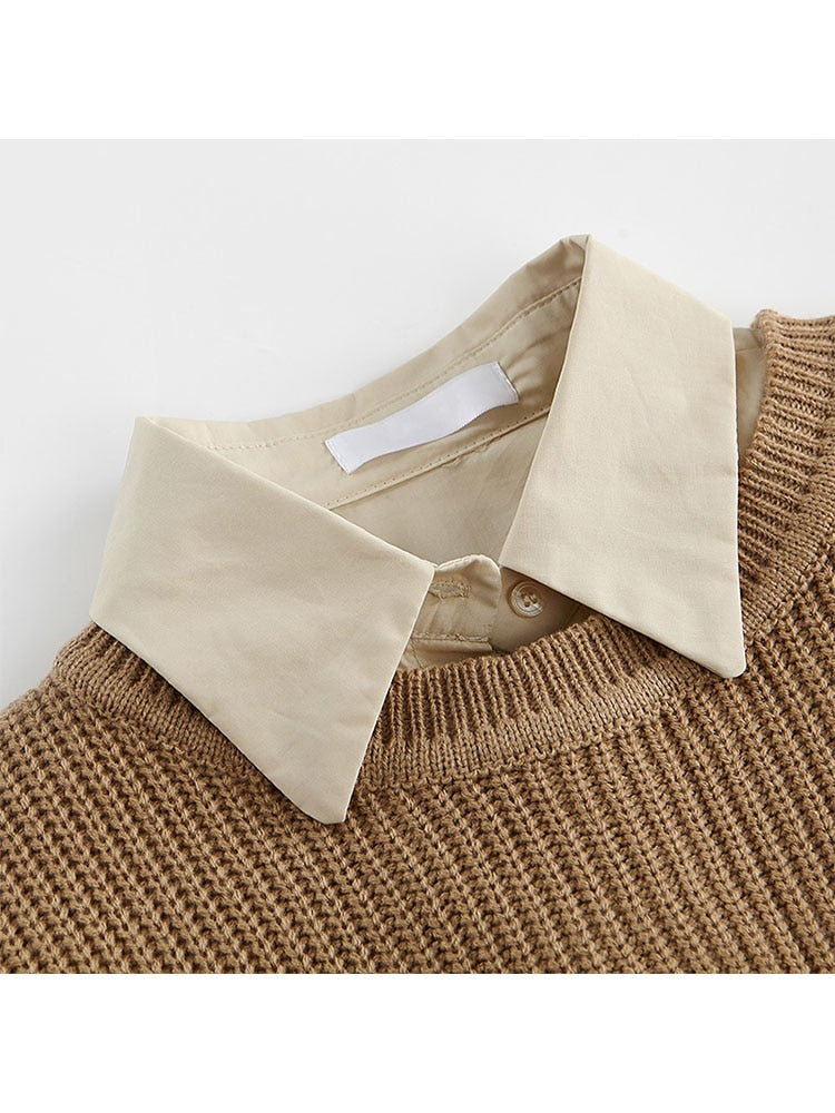 Sixsr Spring Autumn Fashion Women Two Pieces Sets Long Sleeve Short Blouse Shirt + Solid Knitted Pullover Crop Shawl Sweater Female Tops