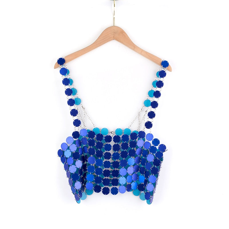 Leqoel Women Sequined Tank Tops for Women Fashion Female Clothing Shiny Metal Shoulder Strap Sexy Backless Mesh Crop Top