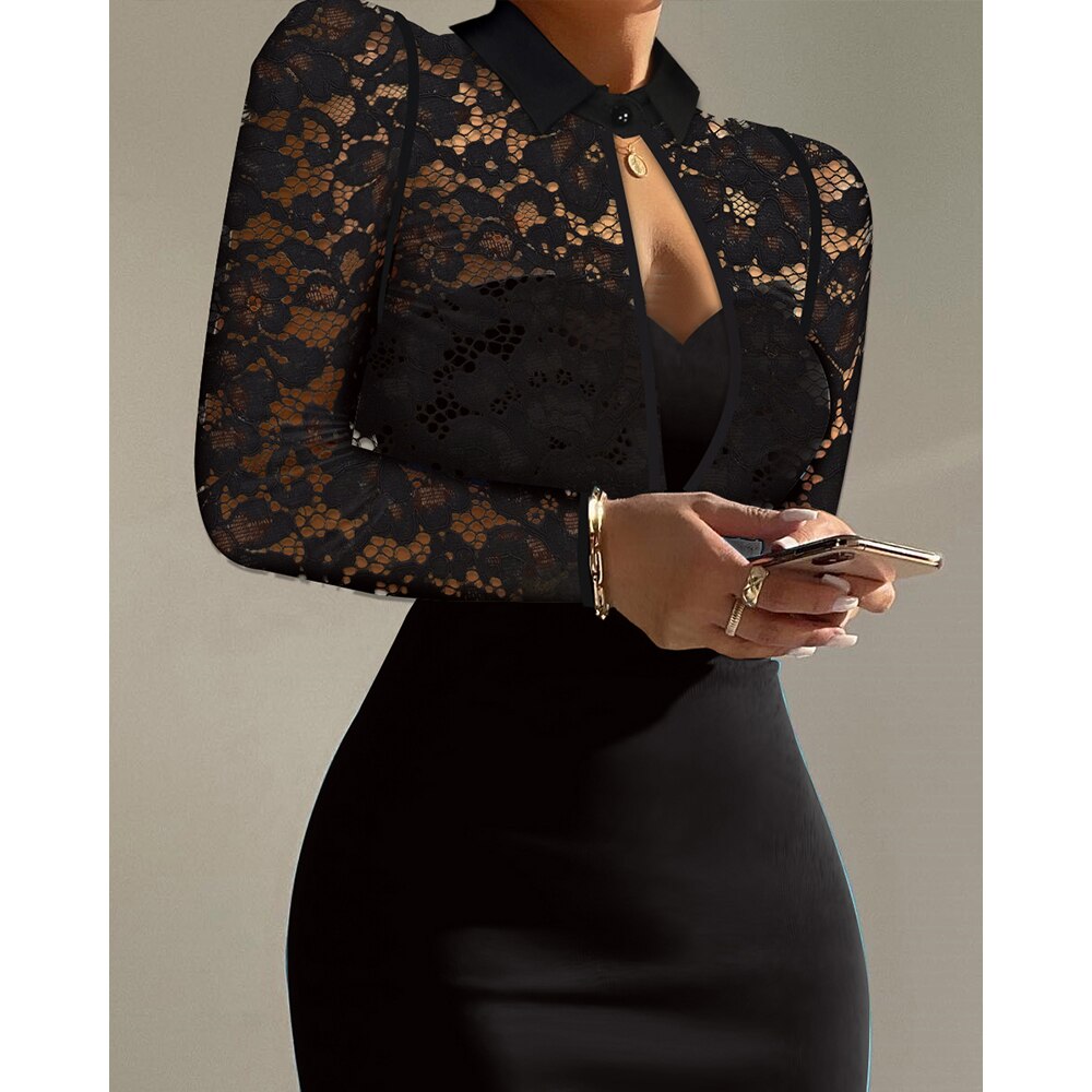 sixsr Women Summer Contrast Lace Long Sleeve Cutout Bodycon Dress Autumn Solid Black Long Sleeve Sexy Party Club Dress