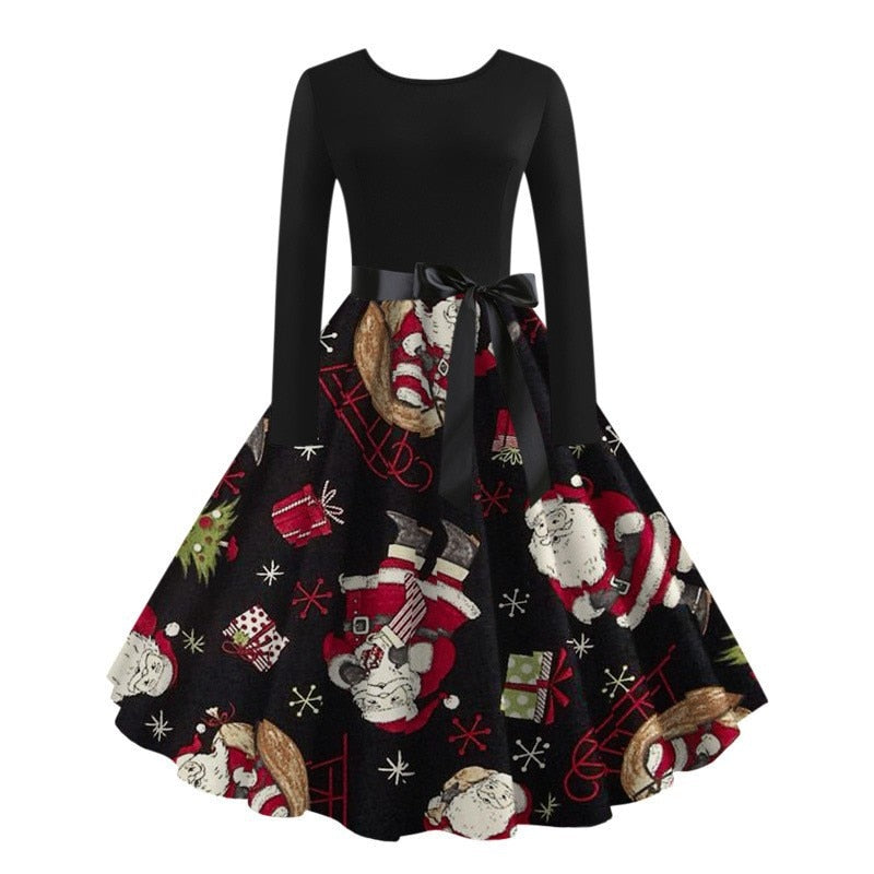 Christmas Halloween Costumes Retro Positioning Print Party Casual Long Sleeve Round Neck Swing Dress