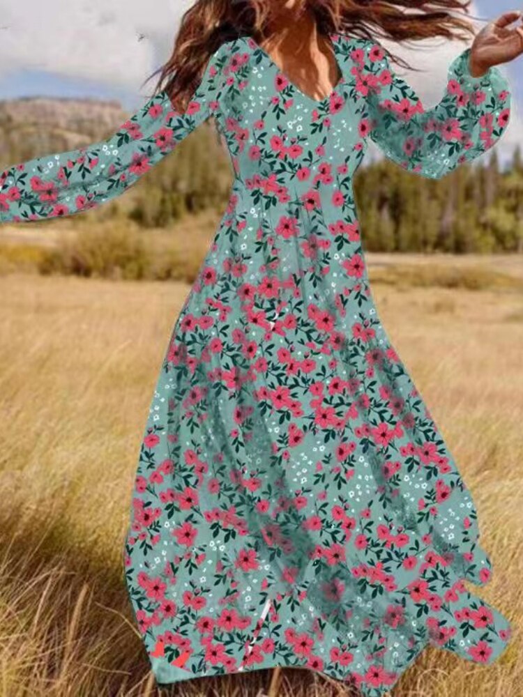 V Neck Long Sleeve Patchwork Solid Color Dress