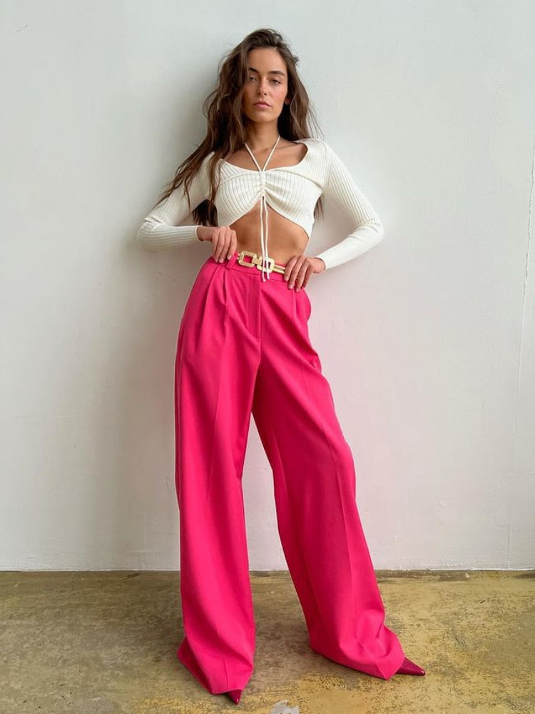 sixsr Outfits  Trends New Spring Summer Women's Casual Straight Classic Green Black Rose Red High Waist Pants Korean Wide Leg Trousers for Women