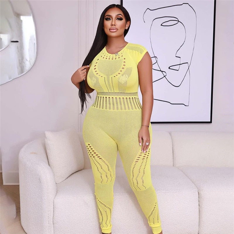 sixsr Hollow Out Knitted Mesh Jumpsuits Women Sexy See Through Long Sleeve Hipster Stretchy Skinny Overalls Clubwear Romper