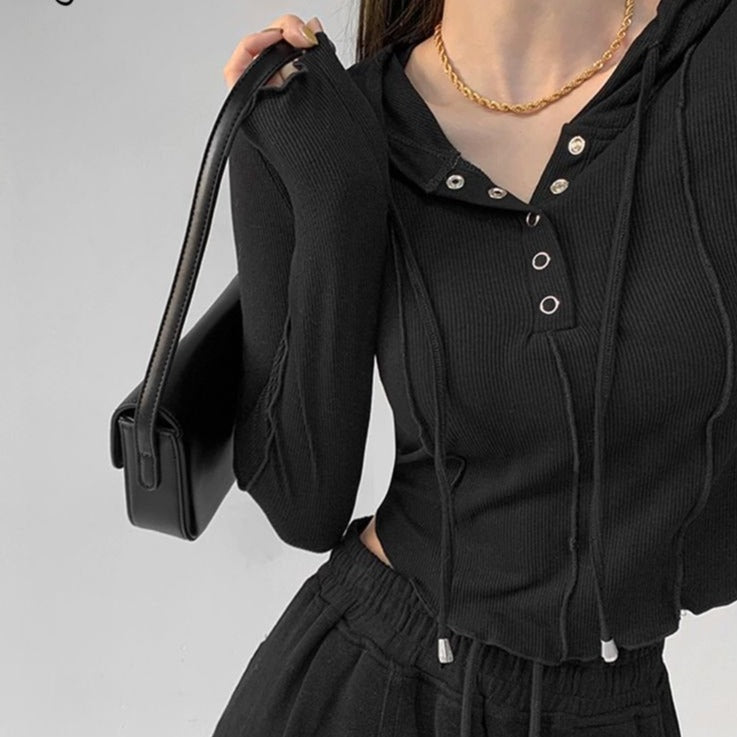 Crop Tops Fashion T-shirts for Women Hooded Sweatshirt Long Sleeve Tees Y2k Clothes Korean Casual Woman Tshirts Ropa Mujer