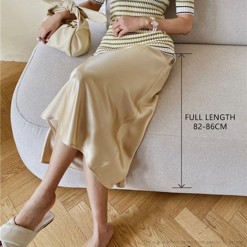 Women High Waisted Skirt Silk Satin Skirts A-Line Elegant Skirts Summer Pink Midi Skirt New Korean Style pencil skirt
