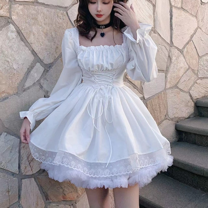 sixsr Womens New Trends White Lolita Dress Kawaii Vinatge Long Sleeve Mini Dresses Black Gothic Bandage Lace Patchwork Streetwear Square Collar