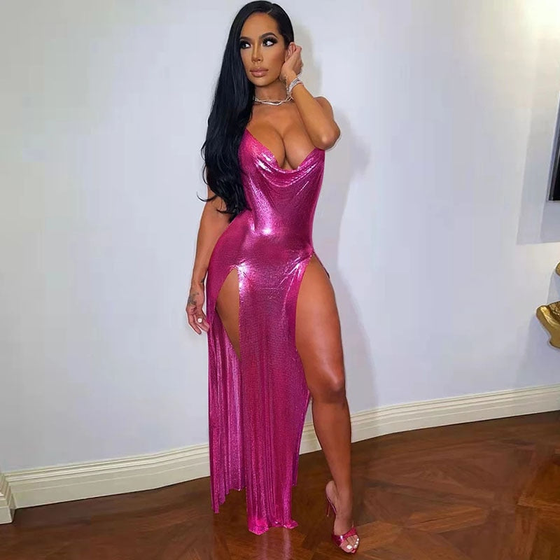 sixsr Sexy Glitter Metallic Off Shoulder Evening Dresses Women Night Party Festival Outfits Backless Side Split Long Dress Clubwear