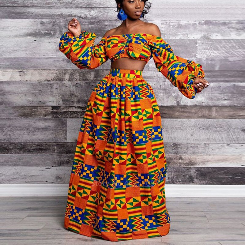 sixsr African Dresses for Women Autumn 2-piece Set Lady Full Sleeve Shoulder Off Festher Dashiki Print Split Skirts Africna Clothes