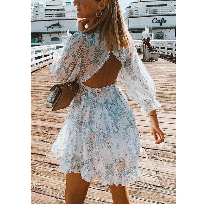 sixsr Harlow Floral Print Ruffle Dress women backless V-neck dress women mini summer dress ladies party dress