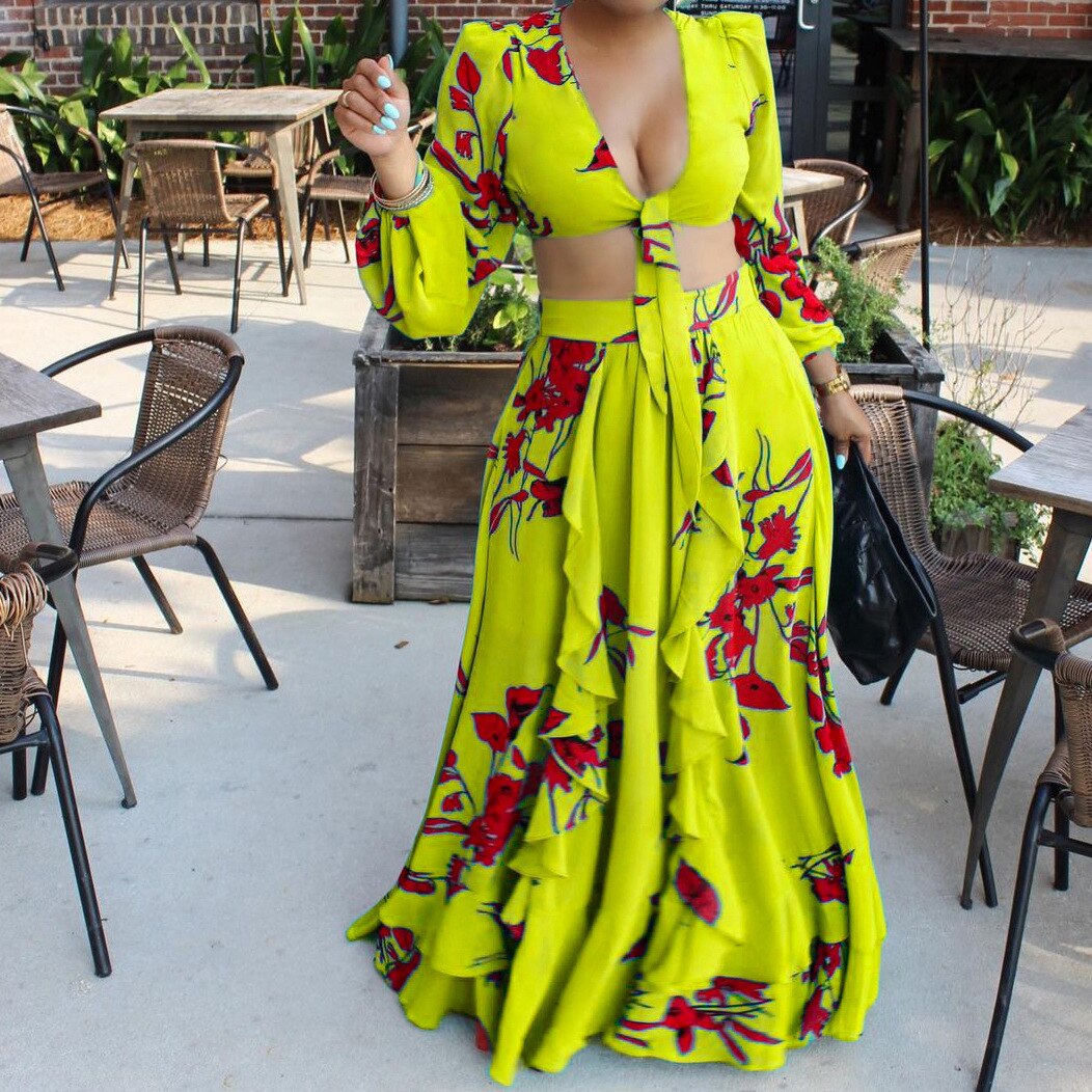 sixsr Summer Fashion African Women Long Sleeve V-neck Polyester Printing Yellow Orange Green Two Pieces Sets Top and Long Skirts