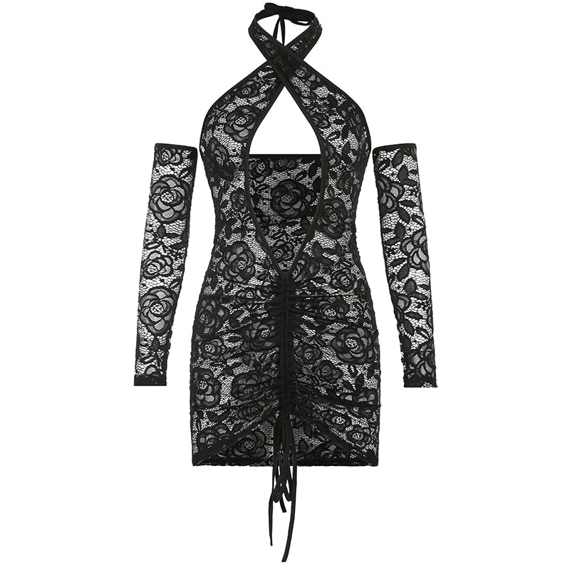 sixsr Tassel Stitching Sexy Dress For Women Evening Clubbing Party Square Collar Halter Hollow Out Backless Lace Mini Dress