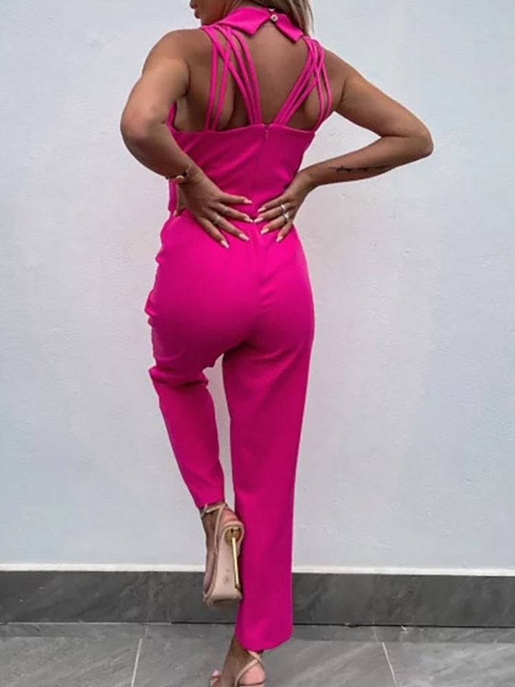 New Solid Casual Women Summer Jumpsuits V-Neck Lace-Up Sleeveless Wide Leg Pants Button Ladies Bodysuits Streetwear