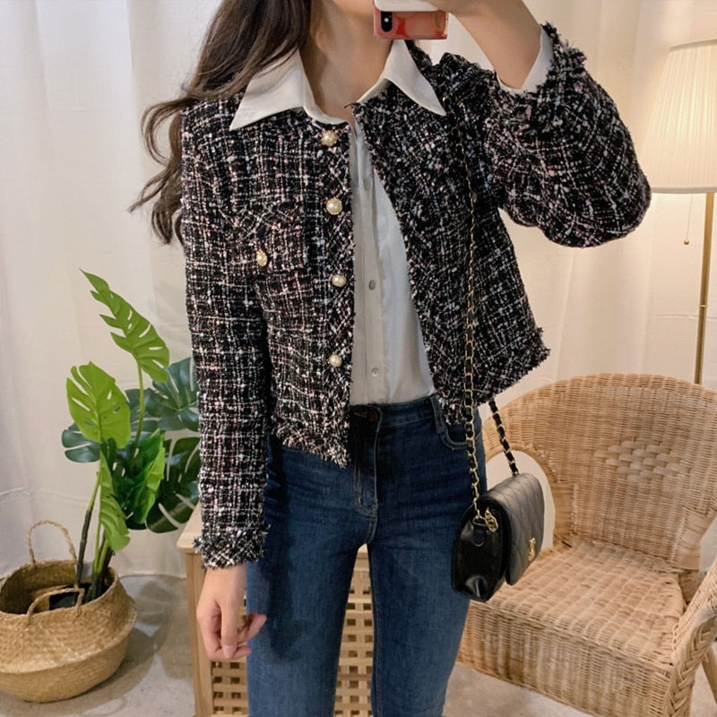 sixsr  Trends New Autumn Women Single-Breasted Tweed Jacket High Quality Female Elegant Korean Chic Short Coat