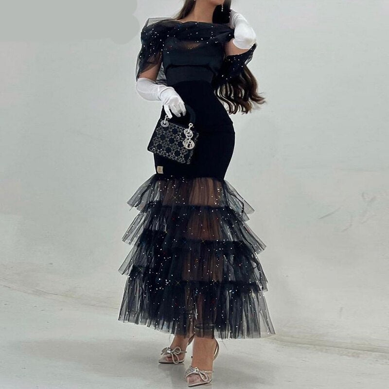 sixsr Women Sexy Solid Mesh Rhinestone Sexy Maxi Bodycon Formal Party Black Dresses