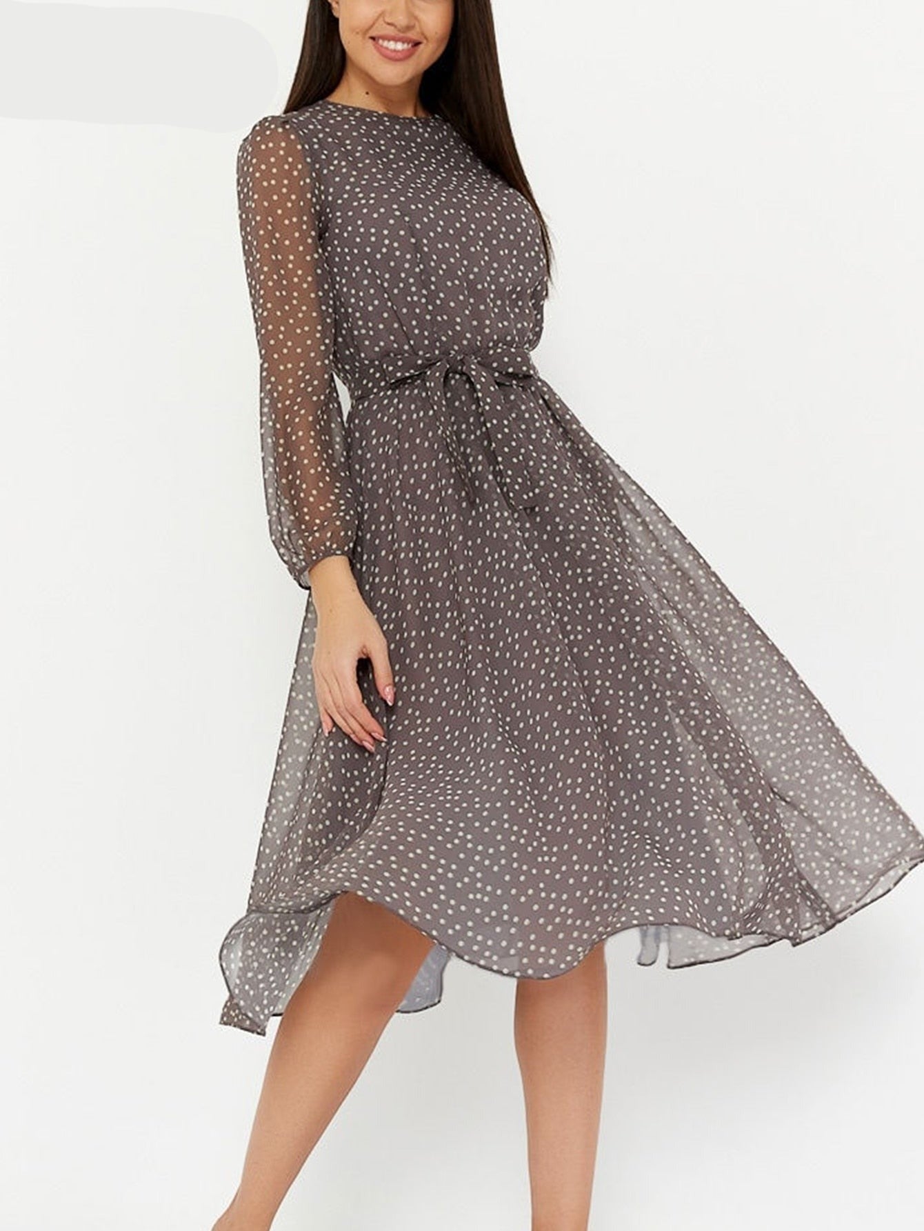 sixsr Summer Outfits Fashion Trends Elegant Dot Print Long Sleeve Polka Dress O Neck Chiffon A Line Women Casual Dress Vintage Midi Vestidos