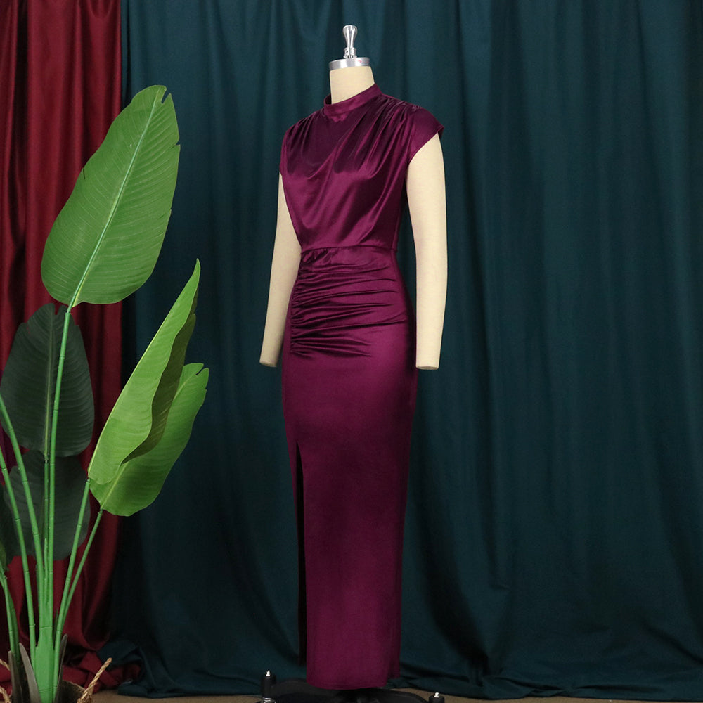 sixsr Women Dress Pleated Long Wine Red Elegant Slit High Collar Slim Fit Sleeveless Maxi Robes Female Shiny Gowns Party  Spring