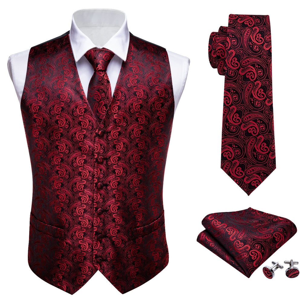 Sixsr 4PC Mens Extra Silk Vest Party Wedding Gold Paisley Solid Floral Waistcoat Vest Pocket Square Tie Suit Set Barry.Wang BM-2017