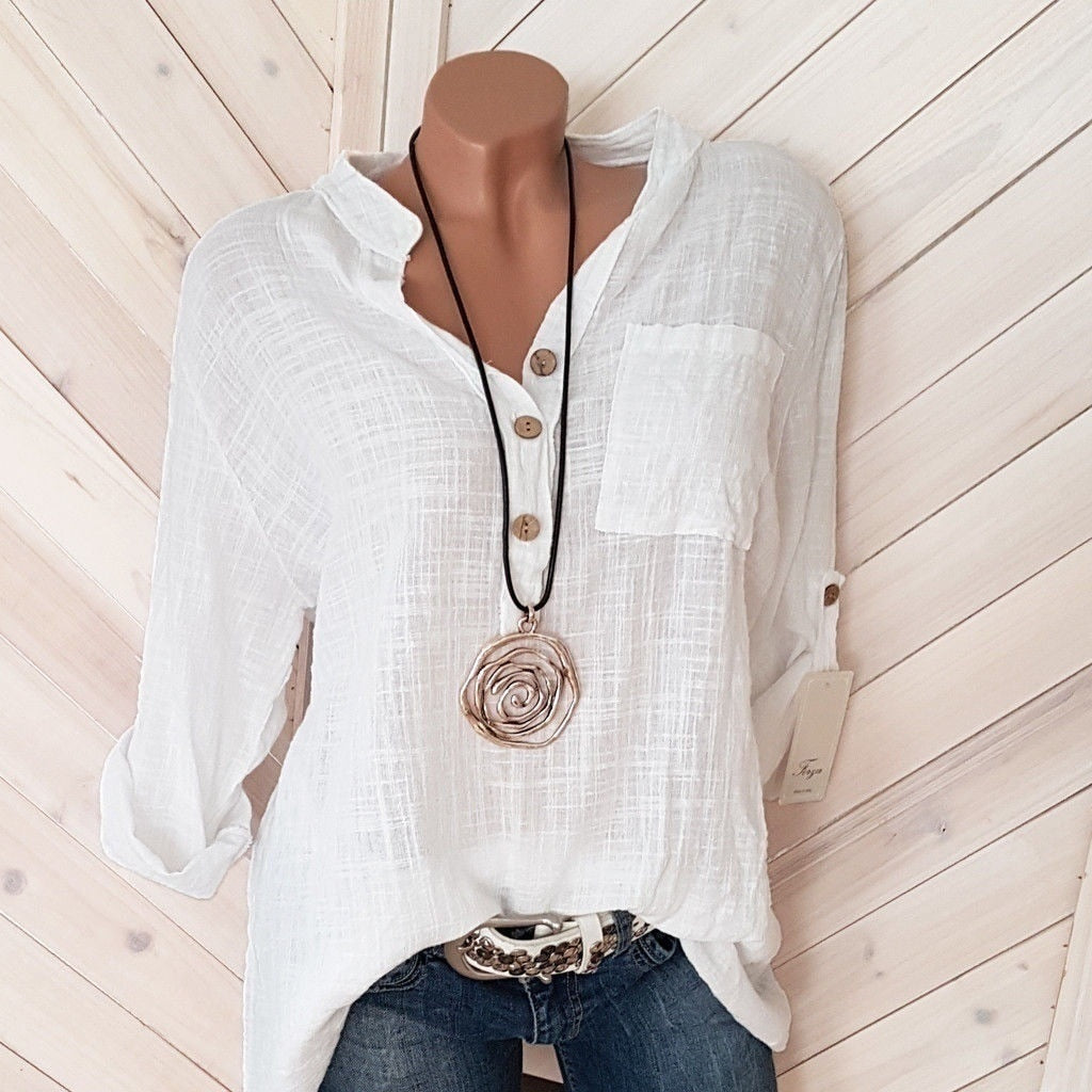Sixsr Oversized Women Blouses Cotton Linen Blouse Autumn Shirts Casual Long Sleeve Button V Neck Loose Shirt Lady Tops Plus Size S-5XL