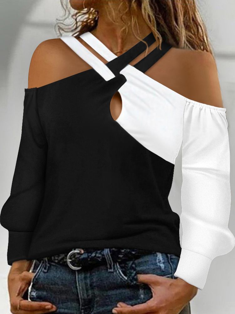 Autumn Winter Colorblock Crisscross Cold Shoulder Top Casual Patchwork Long Sleeve Pullover Blouse Women Clothes