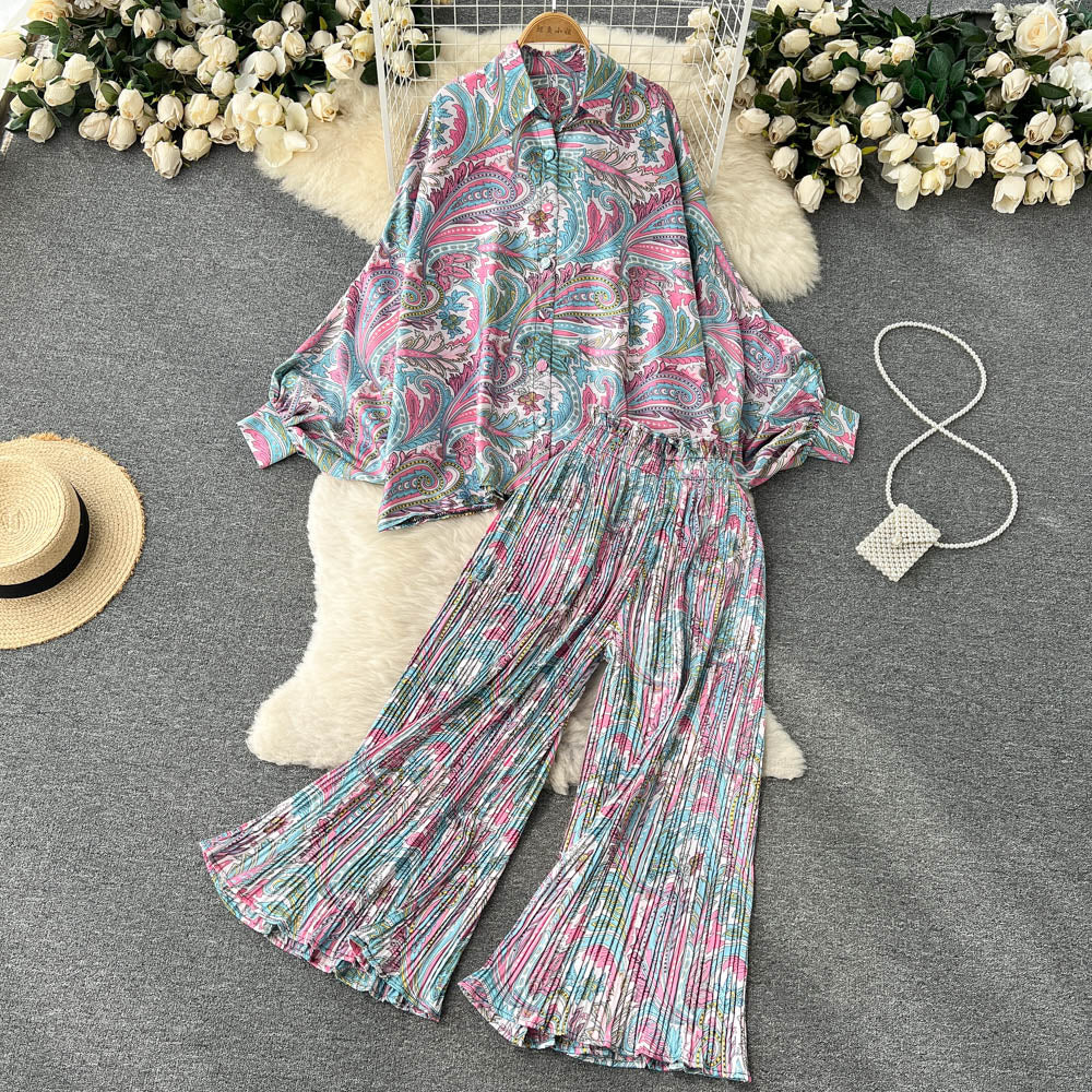 sixsr Women's Dress Spring Retro Print Casual Set Design Batwing Sleeve Single Breasted Blouse+High Waist Long Pants Two Piece Suits