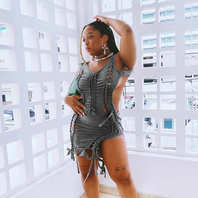 Dark Gray Hollow Out Mini Dress Sexy Drawstring Bandage Backless Summer Dresses for Women Birthday Party Clubwear