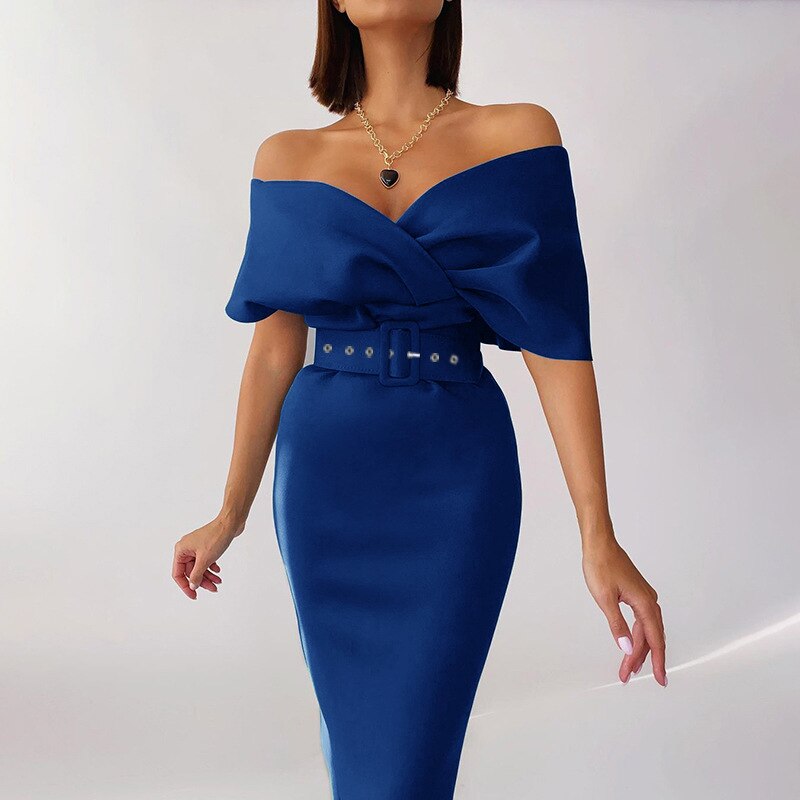 sixsr Women Sexy Elegant Off The Shoulder Dresses Autumn Summer Vintage Streetwear Club Party Female V-Neck Dress With A Belt