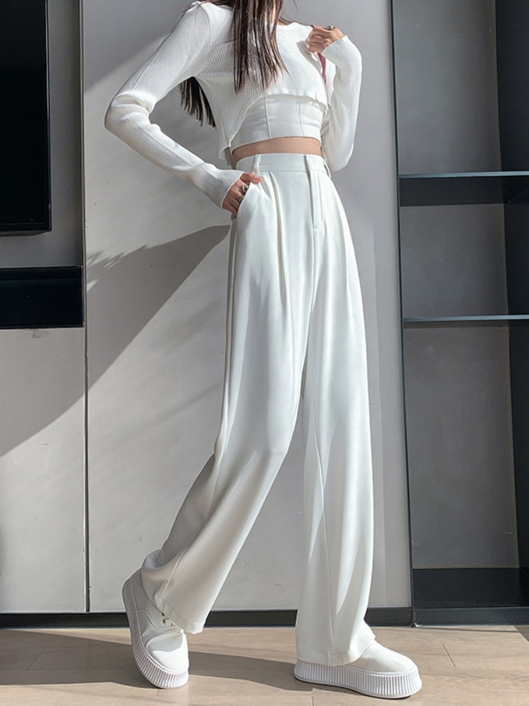 Sixsr Spring Outfits  Trends Casual High Waist Loose Wide Leg Pants for Women Spring Autumn New Female Floor-Length White Suits Pants Ladies Long Trousers