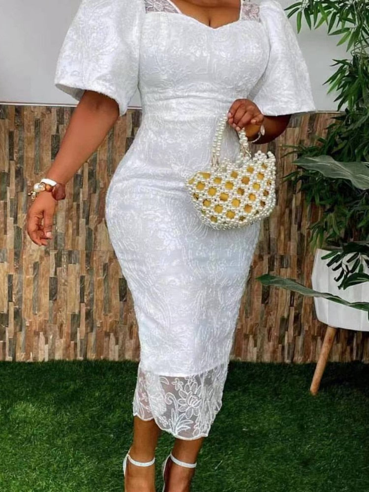 Women's Elegant Floral Lace Bodycon Dress Short Sleeve Square Neck V Back Midi Length Wedding Guest Party Cocktail Dress XXXL
