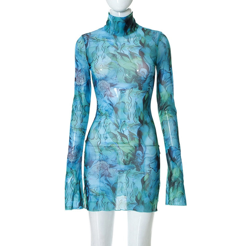 Long Sleeve Printed Tie Dye Bodycon Mini Dress Women Autumn Elegant Party Evening Sexy Fashion Casual Slim Vacation Dresses